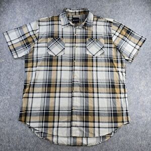 Akademiks Shirt Mens 4XL Button Up Short Sleeve Shirt Brown Ivory Plaid Work